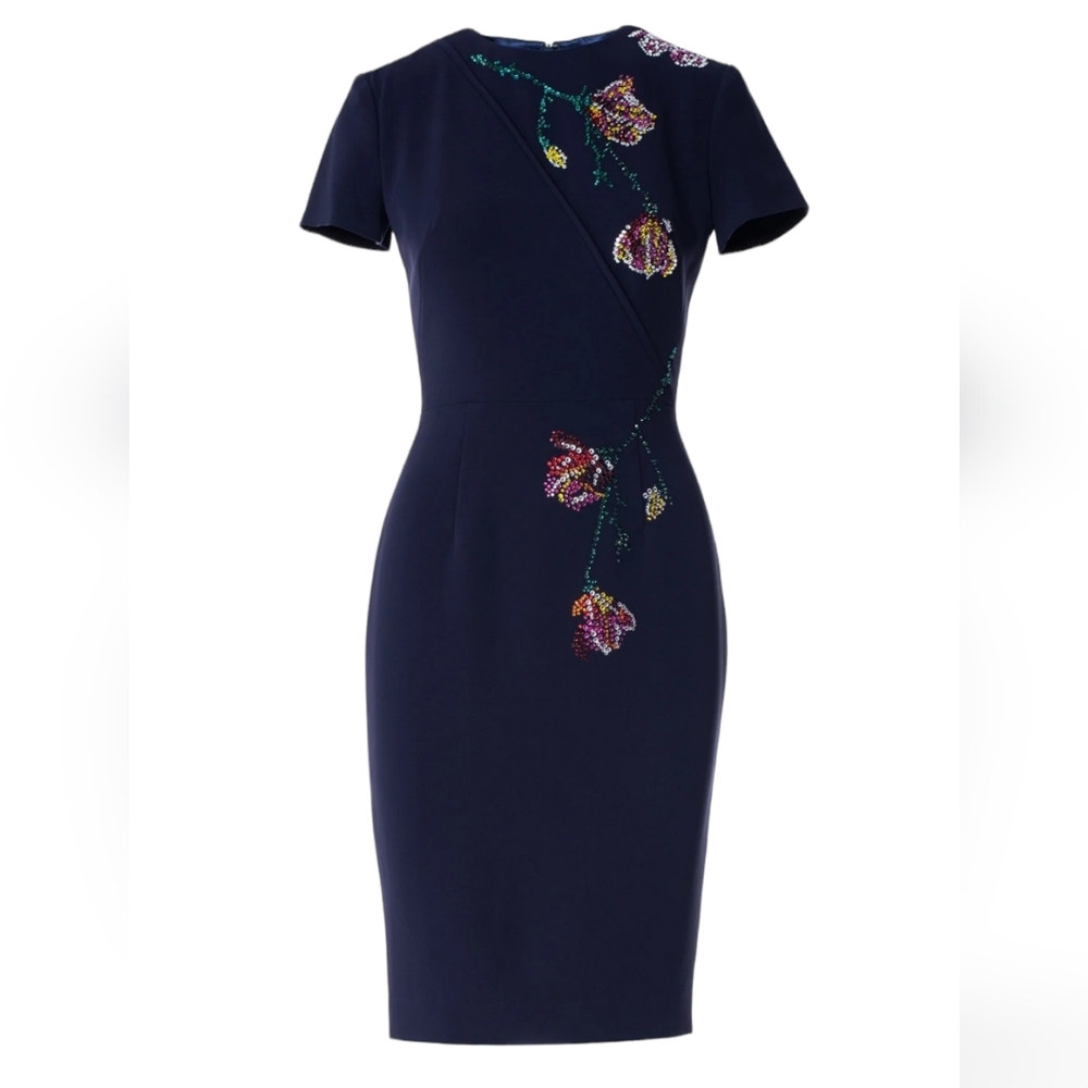 LUCIAN MATIS SHORT SLEEVE CREPE SLIP DRESS‎ WITH CRYSTAL APPLIQUES SIZE 8 Medium